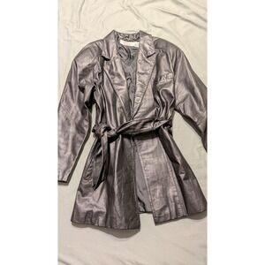 Avon Fashions‎ Black Leather Trench Coat Vintage Belted Jacket F5133X Womens SM
